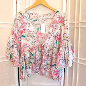 L space White Floral Boho Top Cover Up Blouse
